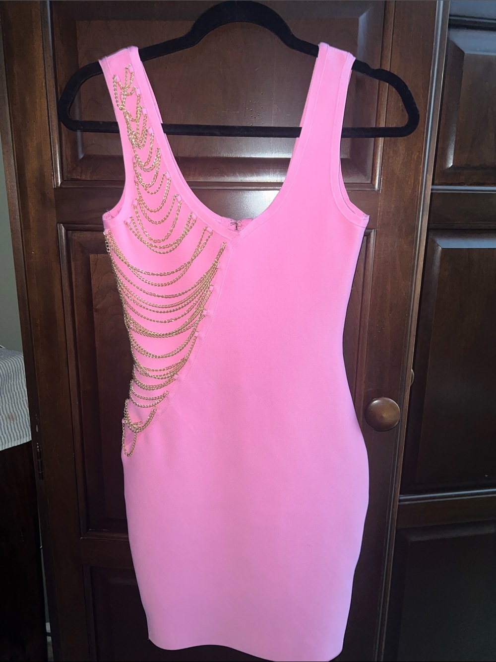 Gold-Chain Hot Pink Bodycon Mini Dress - Unbranded